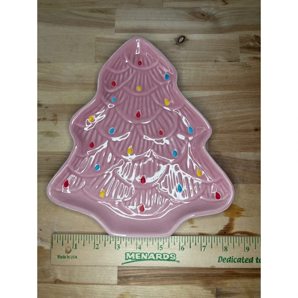 Merry Moments Pink Ceramic Christmas Tree Holiday Plate Stoneware Festive Decor